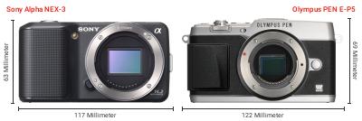 Größenvergleich: Sony Alpha NEX-3 vs. OM System PEN E-P5 Größenvergleich: Sony Alpha NEX-3 vs. OM System PEN E-P5