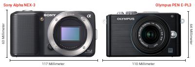 Größenvergleich: Sony Alpha NEX-3 vs. OM System PEN E-PL3 Größenvergleich: Sony Alpha NEX-3 vs. OM System PEN E-PL3