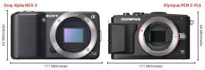 Größenvergleich: Sony Alpha NEX-3 vs. OM System PEN E-PL6 Größenvergleich: Sony Alpha NEX-3 vs. OM System PEN E-PL6