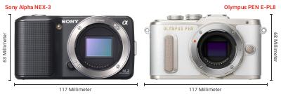 Größenvergleich: Sony Alpha NEX-3 vs. OM System PEN E-PL8 Größenvergleich: Sony Alpha NEX-3 vs. OM System PEN E-PL8