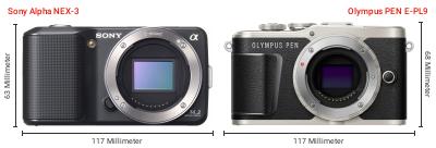Größenvergleich: Sony Alpha NEX-3 vs. OM System PEN E-PL9