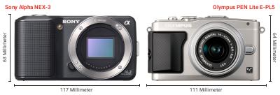 Größenvergleich: Sony Alpha NEX-3 vs. OM System PEN Lite E-PL5 Größenvergleich: Sony Alpha NEX-3 vs. OM System PEN Lite E-PL5