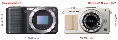 Größenvergleich: Sony Alpha NEX-3 vs. OM System PEN mini E-PM2 Größenvergleich: Sony Alpha NEX-3 vs. OM System PEN mini E-PM2