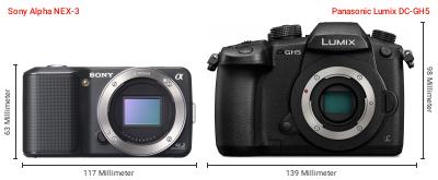 Größenvergleich: Sony Alpha NEX-3 vs. Panasonic Lumix DC-GH5 Größenvergleich: Sony Alpha NEX-3 vs. Panasonic Lumix DC-GH5