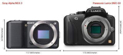 Größenvergleich: Sony Alpha NEX-3 vs. Panasonic Lumix DMC-G3 Größenvergleich: Sony Alpha NEX-3 vs. Panasonic Lumix DMC-G3