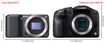 Größenvergleich: Sony Alpha NEX-3 vs. Panasonic Lumix DMC-G6 Größenvergleich: Sony Alpha NEX-3 vs. Panasonic Lumix DMC-G6