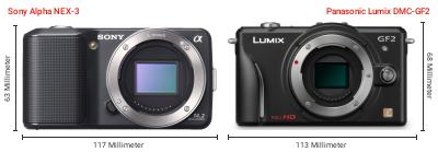 Größenvergleich: Sony Alpha NEX-3 vs. Panasonic Lumix DMC-GF2 Größenvergleich: Sony Alpha NEX-3 vs. Panasonic Lumix DMC-GF2