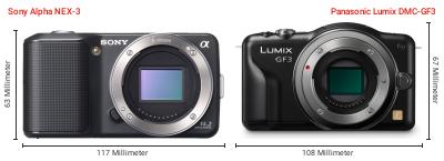 Größenvergleich: Sony Alpha NEX-3 vs. Panasonic Lumix DMC-GF3 Größenvergleich: Sony Alpha NEX-3 vs. Panasonic Lumix DMC-GF3