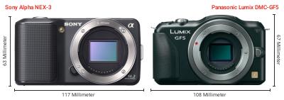 Größenvergleich: Sony Alpha NEX-3 vs. Panasonic Lumix DMC-GF5 Größenvergleich: Sony Alpha NEX-3 vs. Panasonic Lumix DMC-GF5