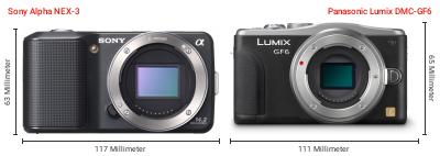 Größenvergleich: Sony Alpha NEX-3 vs. Panasonic Lumix DMC-GF6 Größenvergleich: Sony Alpha NEX-3 vs. Panasonic Lumix DMC-GF6