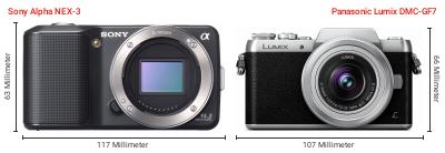 Größenvergleich: Sony Alpha NEX-3 vs. Panasonic Lumix DMC-GF7