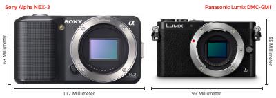 Größenvergleich: Sony Alpha NEX-3 vs. Panasonic Lumix DMC-GM1 Größenvergleich: Sony Alpha NEX-3 vs. Panasonic Lumix DMC-GM1