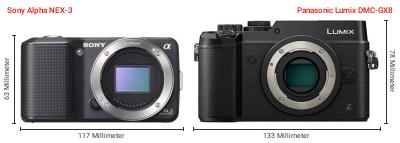 Größenvergleich: Sony Alpha NEX-3 vs. Panasonic Lumix DMC-GX8 Größenvergleich: Sony Alpha NEX-3 vs. Panasonic Lumix DMC-GX8