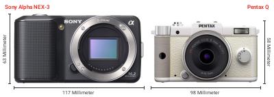 Größenvergleich: Sony Alpha NEX-3 vs. Pentax Q Größenvergleich: Sony Alpha NEX-3 vs. Pentax Q