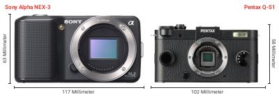 Größenvergleich: Sony Alpha NEX-3 vs. Pentax Q-S1 Größenvergleich: Sony Alpha NEX-3 vs. Pentax Q-S1