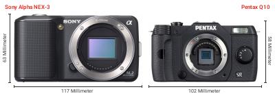 Größenvergleich: Sony Alpha NEX-3 vs. Pentax Q10 Größenvergleich: Sony Alpha NEX-3 vs. Pentax Q10