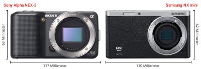Größenvergleich: Sony Alpha NEX-3 vs. Samsung NX mini Größenvergleich: Sony Alpha NEX-3 vs. Samsung NX mini