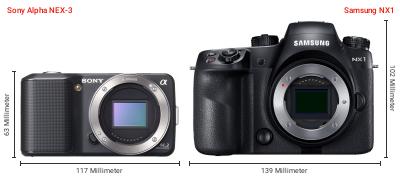 Größenvergleich: Sony Alpha NEX-3 vs. Samsung NX1 Größenvergleich: Sony Alpha NEX-3 vs. Samsung NX1