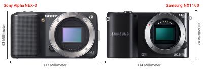 Größenvergleich: Sony Alpha NEX-3 vs. Samsung NX1100 Größenvergleich: Sony Alpha NEX-3 vs. Samsung NX1100
