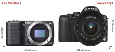 Größenvergleich: Sony Alpha NEX-3 vs. Samsung NX20 Größenvergleich: Sony Alpha NEX-3 vs. Samsung NX20