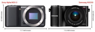 Größenvergleich: Sony Alpha NEX-3 vs. Samsung NX200 Größenvergleich: Sony Alpha NEX-3 vs. Samsung NX200