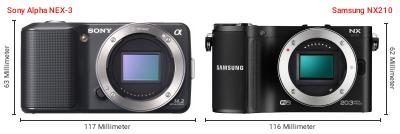 Größenvergleich: Sony Alpha NEX-3 vs. Samsung NX210 Größenvergleich: Sony Alpha NEX-3 vs. Samsung NX210