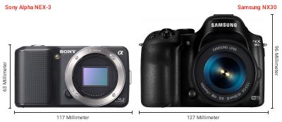 Größenvergleich: Sony Alpha NEX-3 vs. Samsung NX30 Größenvergleich: Sony Alpha NEX-3 vs. Samsung NX30