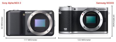 Größenvergleich: Sony Alpha NEX-3 vs. Samsung NX300 Größenvergleich: Sony Alpha NEX-3 vs. Samsung NX300