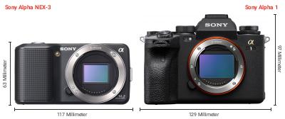 Größenvergleich: Sony Alpha NEX-3 vs. Sony Alpha 1 Größenvergleich: Sony Alpha NEX-3 vs. Sony Alpha 1