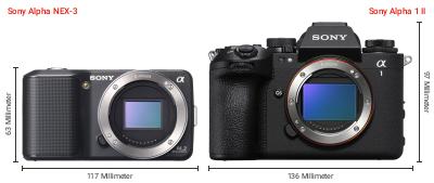 Größenvergleich: Sony Alpha NEX-3 vs. Sony Alpha 1 II Größenvergleich: Sony Alpha NEX-3 vs. Sony Alpha 1 II