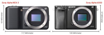 Größenvergleich: Sony Alpha NEX-3 vs. Sony Alpha 6000 Größenvergleich: Sony Alpha NEX-3 vs. Sony Alpha 6000