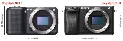 Größenvergleich: Sony Alpha NEX-3 vs. Sony Alpha 6300 Größenvergleich: Sony Alpha NEX-3 vs. Sony Alpha 6300