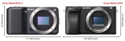 Größenvergleich: Sony Alpha NEX-3 vs. Sony Alpha 6400 Größenvergleich: Sony Alpha NEX-3 vs. Sony Alpha 6400