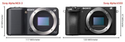 Größenvergleich: Sony Alpha NEX-3 vs. Sony Alpha 6500 Größenvergleich: Sony Alpha NEX-3 vs. Sony Alpha 6500