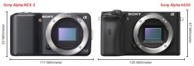 Größenvergleich: Sony Alpha NEX-3 vs. Sony Alpha 6600 Größenvergleich: Sony Alpha NEX-3 vs. Sony Alpha 6600