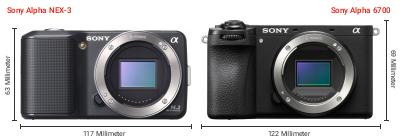 Größenvergleich: Sony Alpha NEX-3 vs. Sony Alpha 6700 Größenvergleich: Sony Alpha NEX-3 vs. Sony Alpha 6700