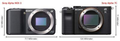 Größenvergleich: Sony Alpha NEX-3 vs. Sony Alpha 7C Größenvergleich: Sony Alpha NEX-3 vs. Sony Alpha 7C