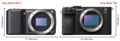 Größenvergleich: Sony Alpha NEX-3 vs. Sony Alpha 7CR Größenvergleich: Sony Alpha NEX-3 vs. Sony Alpha 7CR
