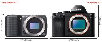 Größenvergleich: Sony Alpha NEX-3 vs. Sony Alpha 7R Größenvergleich: Sony Alpha NEX-3 vs. Sony Alpha 7R