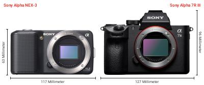 Größenvergleich: Sony Alpha NEX-3 vs. Sony Alpha 7R III Größenvergleich: Sony Alpha NEX-3 vs. Sony Alpha 7R III