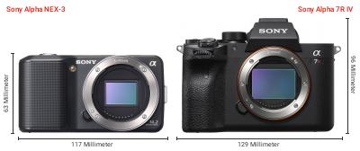 Größenvergleich: Sony Alpha NEX-3 vs. Sony Alpha 7R IV Größenvergleich: Sony Alpha NEX-3 vs. Sony Alpha 7R IV