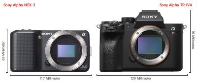 Größenvergleich: Sony Alpha NEX-3 vs. Sony Alpha 7R IVA Größenvergleich: Sony Alpha NEX-3 vs. Sony Alpha 7R IVA