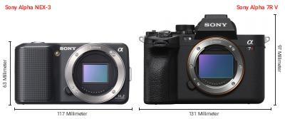 Größenvergleich: Sony Alpha NEX-3 vs. Sony Alpha 7R V Größenvergleich: Sony Alpha NEX-3 vs. Sony Alpha 7R V