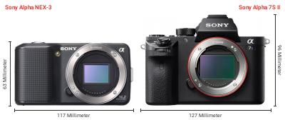 Größenvergleich: Sony Alpha NEX-3 vs. Sony Alpha 7S II Größenvergleich: Sony Alpha NEX-3 vs. Sony Alpha 7S II