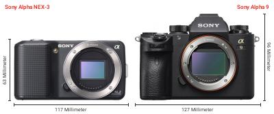 Größenvergleich: Sony Alpha NEX-3 vs. Sony Alpha 9 Größenvergleich: Sony Alpha NEX-3 vs. Sony Alpha 9