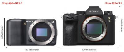 Größenvergleich: Sony Alpha NEX-3 vs. Sony Alpha 9 II Größenvergleich: Sony Alpha NEX-3 vs. Sony Alpha 9 II