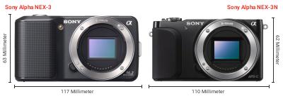 Größenvergleich: Sony Alpha NEX-3 vs. Sony Alpha NEX-3N Größenvergleich: Sony Alpha NEX-3 vs. Sony Alpha NEX-3N