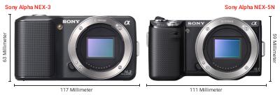 Größenvergleich: Sony Alpha NEX-3 vs. Sony Alpha NEX-5N Größenvergleich: Sony Alpha NEX-3 vs. Sony Alpha NEX-5N