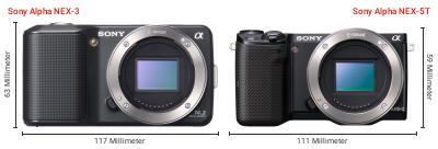 Größenvergleich: Sony Alpha NEX-3 vs. Sony Alpha NEX-5T Größenvergleich: Sony Alpha NEX-3 vs. Sony Alpha NEX-5T