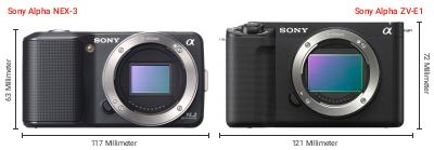 Größenvergleich: Sony Alpha NEX-3 vs. Sony Alpha ZV-E1 Größenvergleich: Sony Alpha NEX-3 vs. Sony Alpha ZV-E1
